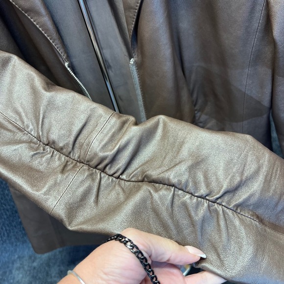 Lafayette 148 New York Leather Jacket Women's Brown Size 12 Zipper Front - Picture 10 of 13